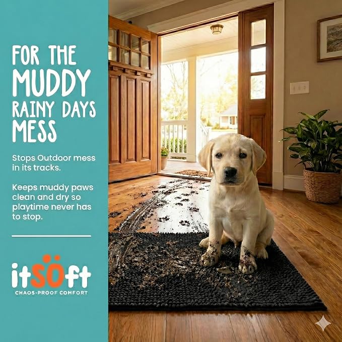 Dog Rugs for Muddy Paws 59x21 | Cleaner Mud Free Floors | Muddy Dogs Mats for Indoor, Dog Mat for Muddy Paws Door Mat Washable, Absorbent Chenille Mud Room Rug Paw Matt w/ Non Slip Backing, Black