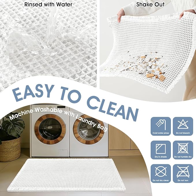 Upgraded Waffle Bath Mat Set 2 Piece White, Super Absorbent Non-Slip Quick Dry Bathroom Rugs with Tassels, Machine Washable Ultra Soft Boho Bath Rugs for Floor, Toilet Mats Boho Farmhouse Decor