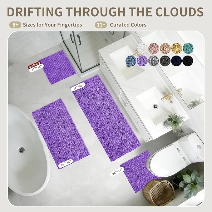 Bathroom Rugs Non Slip Washable 70x24, Extra Thick Soft Chenille Absorbent Bath Mat, High Density Barrier Non Slip Backing, Quick Dry Plush Shaggy Floor Carpet for Tub&Shower, Purple