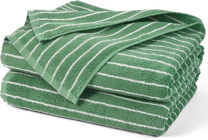 Jacquotha Bath Towels 2 Pack, Lighter & Quick Dry Towels Large 27.5 x 55 inches, Luxury Terry Cotton Towels for Bathroom Beach Swim, Forest Green & White Striped