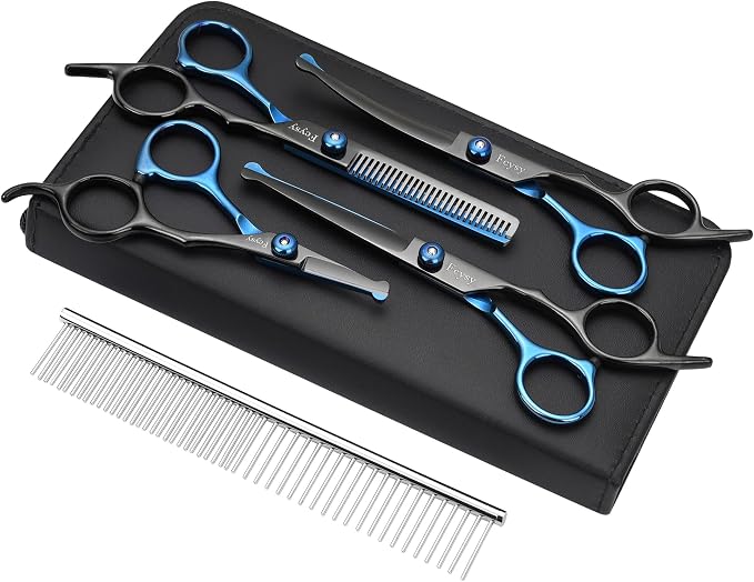 Dog Grooming Scissors Kit, Fcysy Professional Pet Shears for Cats at Home, Dog Grooming Tools with Curved & Straight Blades Scissors Thinning Shears Pet Supply Set
