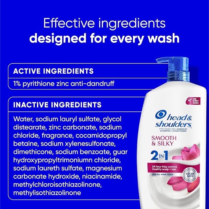 Head & Shoulders Anti-Dandruff Shampoo and Conditioner for Women | Smooth & Silky 2-in-1 | 1% Pyrithione Zinc, 24-Hour Frizz Control, Soothes Dry & Itchy Scalp, Healthy, Shiny & Smooth, 28.2 Fl Oz