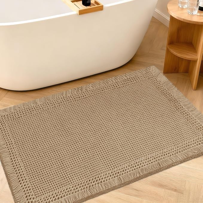 Upgraded Waffle Bath Mat, 32"x20" Beige-Bordered, Super Absorbent Non-Slip Quick Dry Bathroom Rugs with Tassels, Machine Washable Ultra Soft Boho Bath Rugs for Floor, Toilet Mats Boho Farmhouse Decor