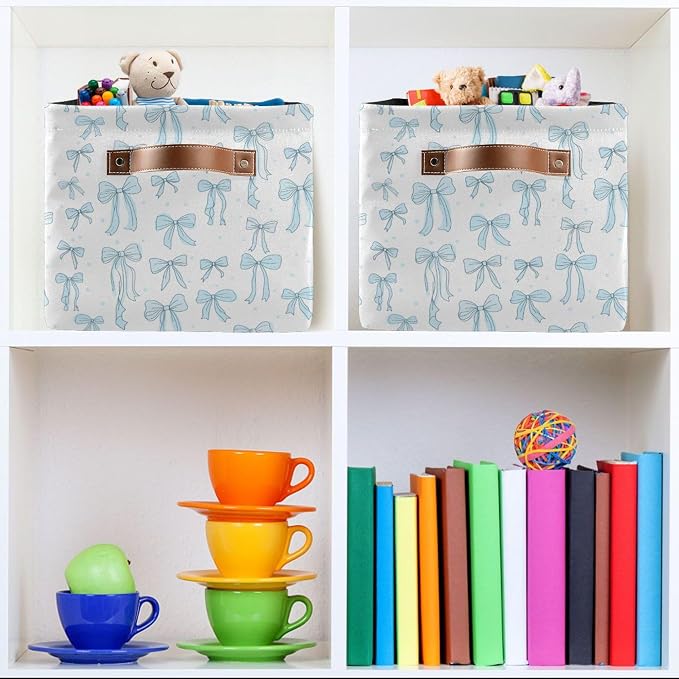 Wamika Bow Blue Storage Basket with Waterproof Liner and PU Handles Bowknot Cute White Storage Bins Boxes 14.2" Collapsible Decorative Organizer Baskets for Bedroom Closet Office 1 Pack