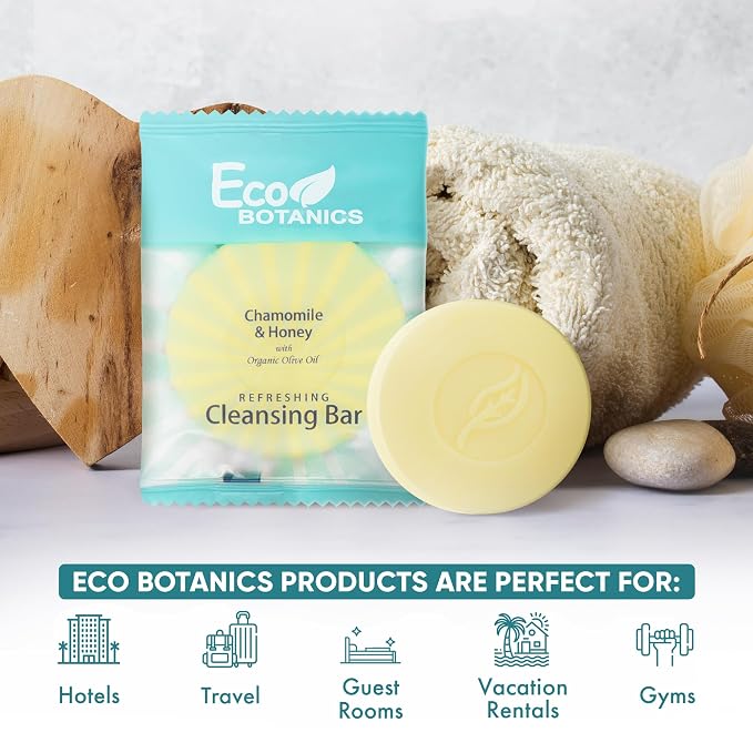 Eco Botanics Travel Size Cleansing Soap Bar 100 Count 0.5 oz Guest Amenities for Hotels Vacation & Short Term Paraben Free Chamomile Scent with Aloe & Olive Oil