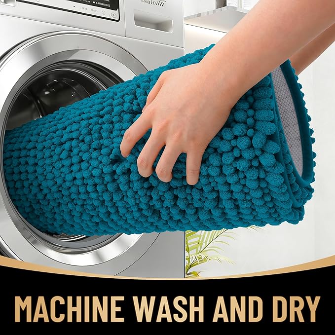 OLANLY Thick Toilet Rugs U-Shaped 24x20, Extra Soft Absorbent Shaggy Chenille Contour Bathroom Rugs for Toilet, Dry Quickly, Machine Washable, Non-Slip Bath Mat, Peacock Blue