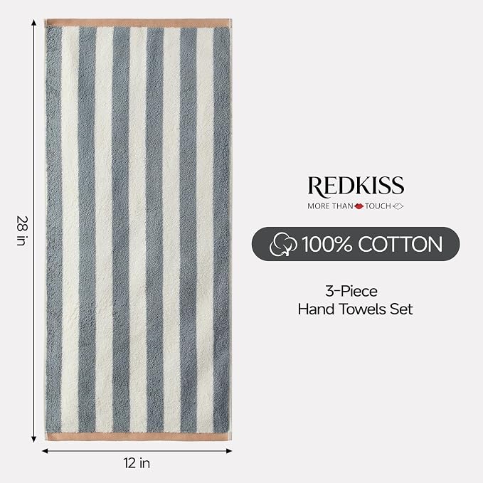 REDKISS Striped Hand Towels for Bathroom, Kitchen Decor, Guest Use, Ultra Soft and Highly Absorbent for Kids Adults, 100% Cotton, 12” x 28”, 3 Pack, Grey