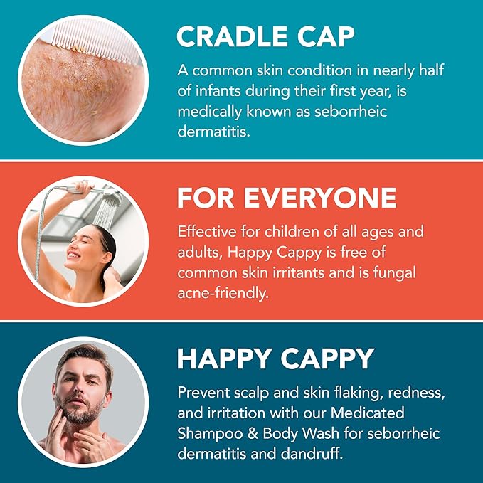 Happy Cappy Cradle Cap Medicated Shampoo and Body Wash with Beanie Brush - Baby Dandruff Shampoo, Helps Infants with Seborrheic Dermatitis, Dermatologist Tested, Gentle Baby Scalp Scrubber - 2 Pieces