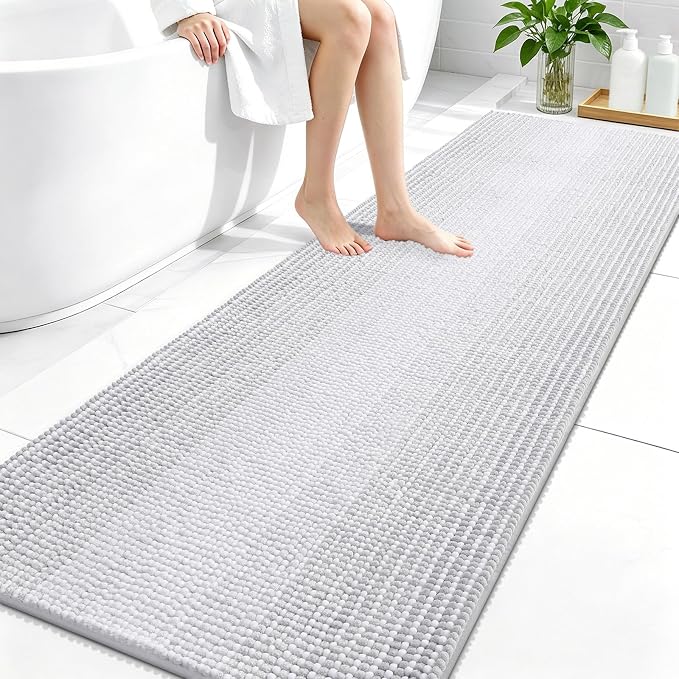 OLANLY Bathroom Runner Rugs 70x24, Extra Soft Absorbent Chenille Striped Bath Rugs, Rubber Backing, Machine Wash Dry, Long Bath Mats for Bathroom, Tub, Shower, Home Decor Accessories, Light Grey