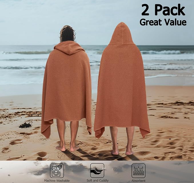 COTTON CRAFT Hooded Bath Towel – 2 Pack Oversized 35x70 Waffle Weave Towel with Hood for Adults - 100% Ringspun Cotton Pool Bath Sheet Wrap with Hood - Soft Super Absorbent Quick Dry – 450 GSM – Mocha