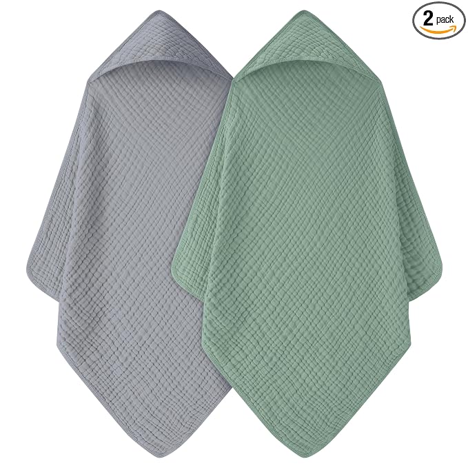 Baby Bath Towels, 100% Muslin Cotton Hooded Baby Towels for Newborn, 2 Pack Baby Towels with Hood for Infant Toddler and Kids, Large 32x32Inch, Soft and Absorbent