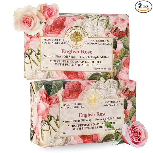 Wavertree & London English Rose Scented Natural Soap Bars for Women & Men (2 x 7oz) – Moisturizing Triple-Milled Soap Bars Enriched with Shea Butter – Plant-Based Bath & Body Bar for All Skin Types