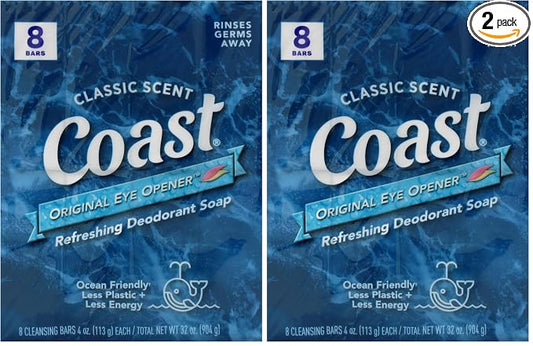 Coast Refreshing Deodorant Soap Bar - 8 Bars - Thick Rich Lather Leaves Your Body Feeling Energized And Clean - Classic Pacific Force Scent (Pack of 2)