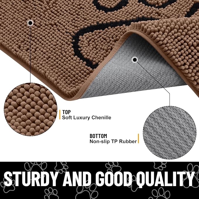 Smiry Dog Door Mat for Muddy Paws, Absorbent Dirt Trapper Non Slip Quick Dry Washable Chenille Mat for Mud Dogs, Entry Rug for Indoor and Outdoor (59x24 Inches, Coffee and Black)
