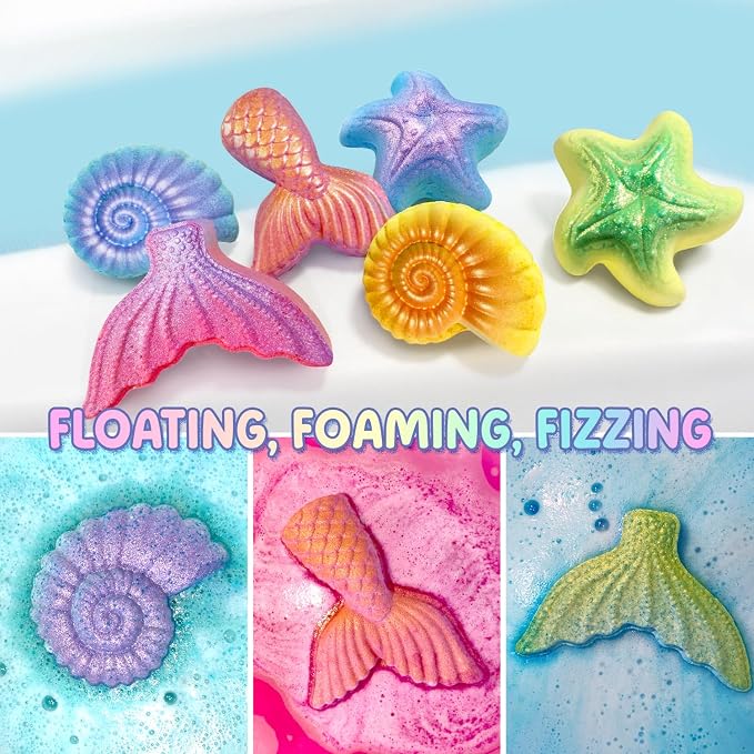 Clear&Fresh Mermaid Bath Bombs for Kids with Surprise Toys Inside, 9 Extra Large Bath Salts with Calming and Long-Lasting Scent, Natural Bubble Bath Bombs for Girls Sensitive Skin