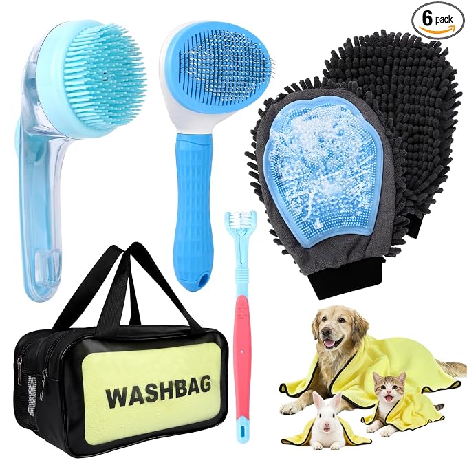 Dog Washing Kit: Bath Brush, Hair Brush, Washing Glove, Dog Towels(6 Pcs)