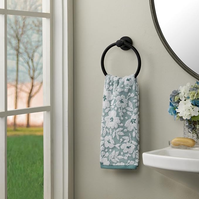 SKL Home Floral Jacquard 100% Cotton 2pc Hand Towel Set, Reversible & Decorative for Bath/Kitchen/Bar & Gift, Moss Green