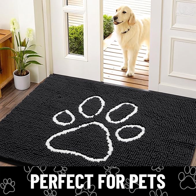Smiry Dog Door Mat for Muddy Paws, Absorbent Dirt Trapper Non Slip Quick Dry Washable Chenille Mat for Mud Dogs, Entry Rug for Indoor and Outdoor (71x46 Inches, Black and White)