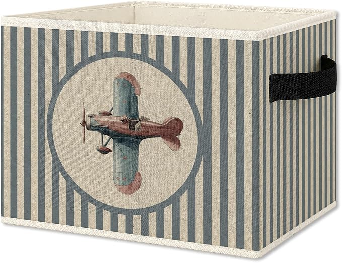 Vintage Airplane Nursery Foldable Storage Bins Box with Handles, Kids Room Decor for Boys, Blue Striped Plane Collapsible Organizer Basket for Kids Nursery Room Bedroom Playroom Toys Books