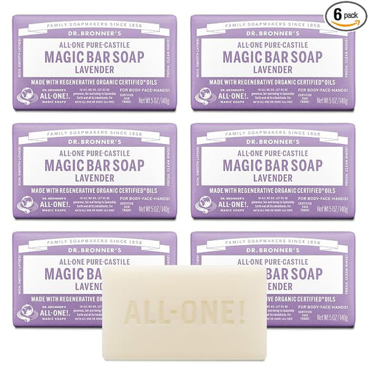 Dr. Bronner's Pure-Castile Magic Soap Bars (Lavender, 5 oz, 6-Pack)- Bath Soap with Regenerative Organic Certified Oils- For Face, Body & Hair - Gentle, Biodegradable, Vegan- Bar Soaps for Men & Women