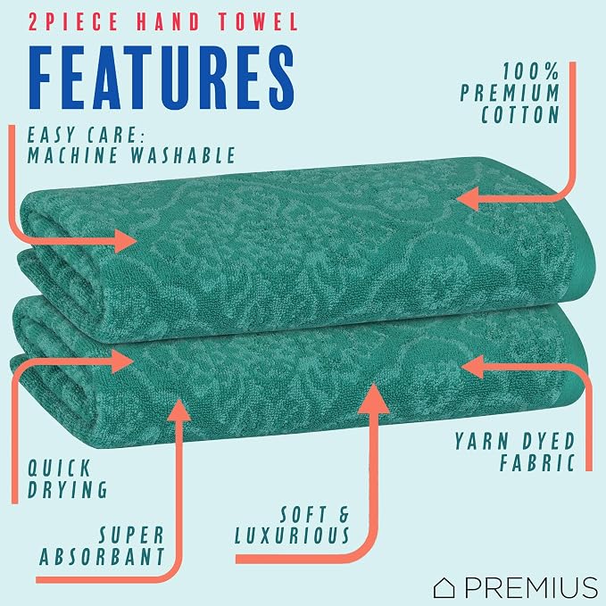 2 Pack Damask Hand Towel, Bath Towel, and Bath Sheet Towel, 100% Cotton Yarn Dyed, Lux Drying Experience, Great for Hands and Body, Perfect for Spa & Home Use (Green, Hand Towel)