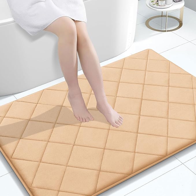 OLANLY Memory Foam Bath Mat 47x32, Ultra Soft and Absorbent Bathroom Rugs, Machine Washable, Comfortable Bath Carpet for Bathroom Floor, Tub and Shower, Beige