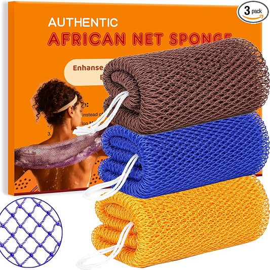 African Net Sponge Authentic, 3 Pieces African Exfoliating Net Sponge Body Back Scrubber Exfoliating Washcloth for Shower Bath for All Types (Brown+Blue+Gold, 3 Pcs)