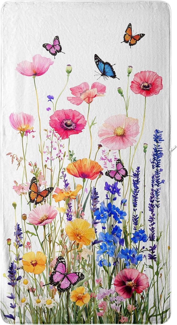 Spring Summer Wildflowers Bath Towel Colorful Floral Butterfly Oversized Towel for Women Bathroom