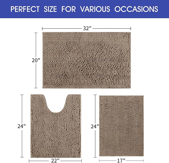 ACCUMTEK Striped Ultra Soft Bathroom Rugs and Mats Set 3 Pieces Bath Mat Set Dark Beige, Thick Chenille Bath Rugs Non Slip Bath Mats for Bathroom, Kitchen