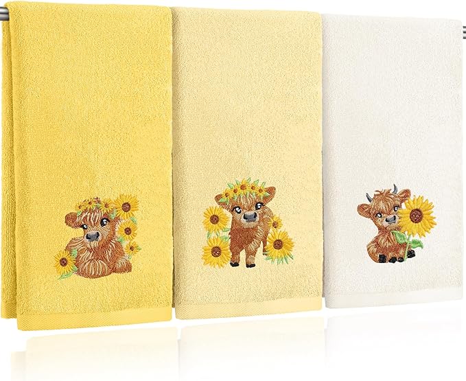 FuWeave 3 Pcs Sunflower Highland Cow Hand Towels Embroidered Highland Cow Farmhouse Yellow Decorative Bathroom Towels for Bathroom Kitchen Decor, 100% Cotton, 13.3 x 29.5''