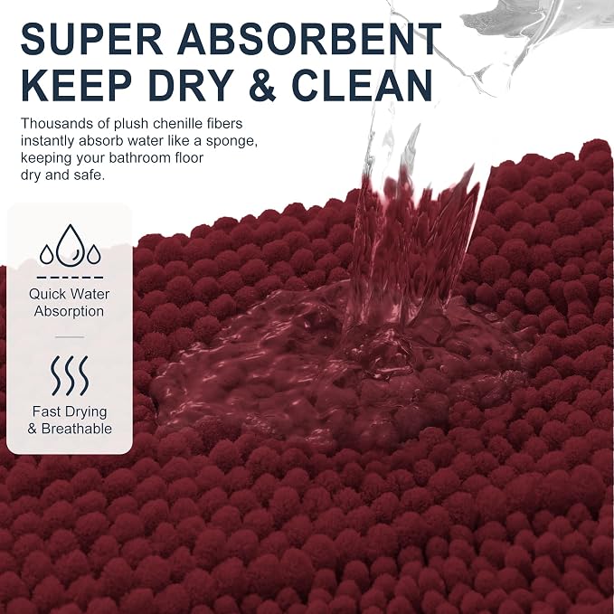 Smiry Thick Chenille Bathroom Rugs 36x24, Extra Absorbent Striped Bath Mat, Machine Washable, Rubber Backing, Bath Rugs for Bathroom, Tub & Shower, Home Decor Accessories, Andorra Red-Brown