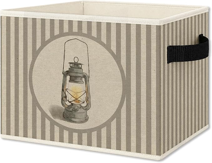 Vintage Farmhouse Storage Bins Box with Handles, Rustic Country Decor for Boys, Neutral Striped Candle Lantern Lamp Collapsible Organizer Basket for Nursery Room Bedroom Playroom Toys Books