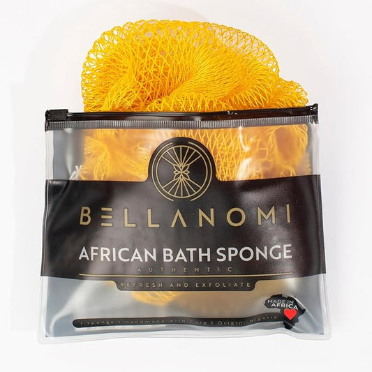 BELLANOMI African Exfoliating Net Sponge, Authentic, Ethically sourced from Nigeria, 45 inches Long, Back Scrubber for Daily use (Yellow)