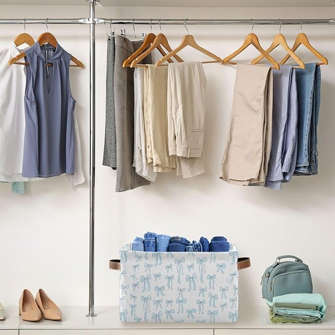 Wamika Bow Blue Storage Basket with Waterproof Liner and PU Handles Bowknot Cute White Storage Bins Boxes 14.2" Collapsible Decorative Organizer Baskets for Bedroom Closet Office 1 Pack