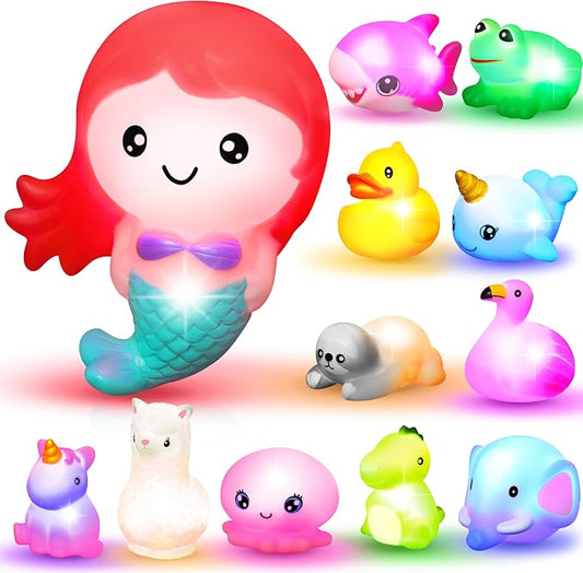 JOYIN 12 PCS Light Up Bath Toys, Toddler Flashing Colourful LED Bathtub Mermaid Toy, Baby Bathtime Floating Rubber Shower Gifts for Infant Kids Girls Valentines Easter Basket Stuffers Pool Party Favor