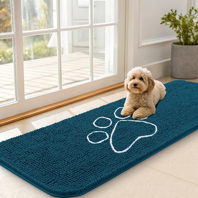 OLANLY Dog Door Mat for Muddy Paws 59x20, Paw Print Design, Absorbs Moisture and Dirt, Absorbent Non-Slip Washable Doormat, Quick Dry Chenille Mud Mat, Entry Indoor Entryway Carpet, Atlantic Blue