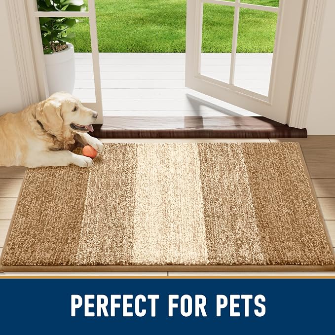 Smiry Dog Door Mat for Muddy Paws, Absorbs Moisture and Dirt, Low-Profile Entryway Mat with Non-Slip Backing, Entry Indoor Outdoor Doormat for Inside Floor (34x21 Inches, Camel, Striped)