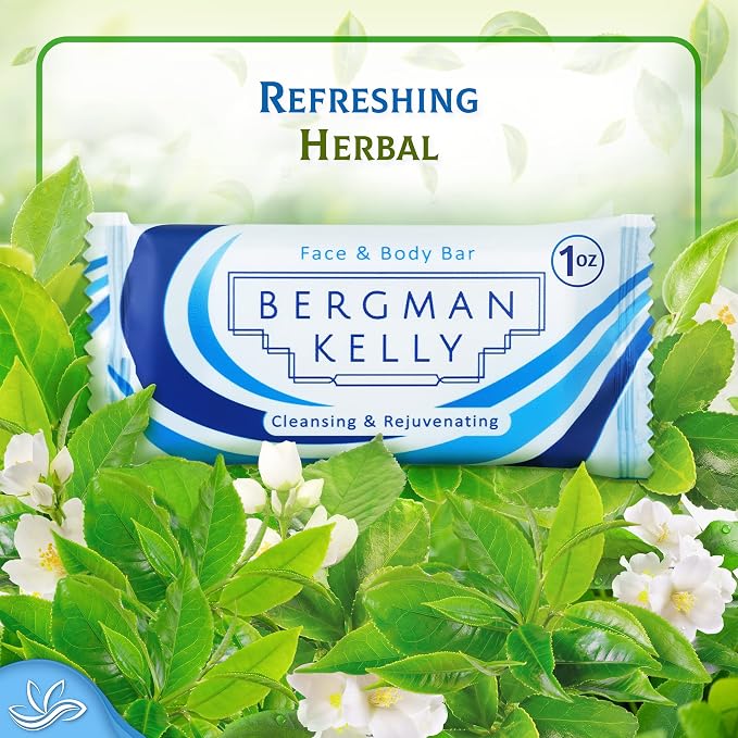 BERGMAN KELLY Luxury Travel Size Soap Bulk, White Tea, 1 oz, 100 PK | Bergman Kelly Guest Size: Individually wrapped 3" x 1.8" bars. Rich lather, ideal for Airbnbs, travel, and care packages.