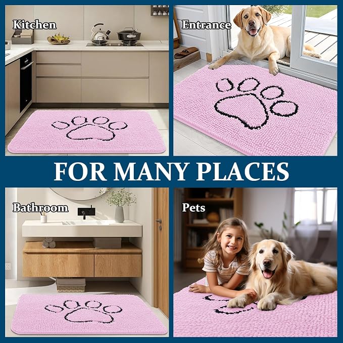 OLANLY Dog Door Mat for Muddy Paws 48x30, Paw Print Design, Absorbs Moisture and Dirt, Absorbent Non-Slip Washable Doormat, Quick Dry Chenille Mud Mat for Dogs, Entry Indoor Entryway Carpet, Pink
