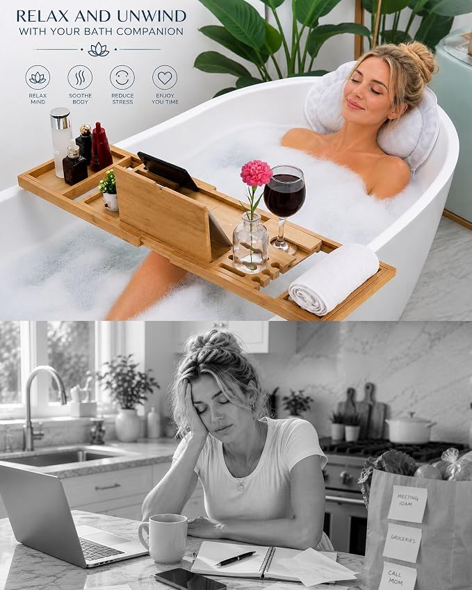 Bath Tray for Tub and Ergonomic Pillow Premium - Caddy Foldable 29 to 43 Inch - Bamboo Wood Tub Organizer - Luxury Bathtub Tray - Bathroom Accessories for Mothers, Birthday Gifts for Mom