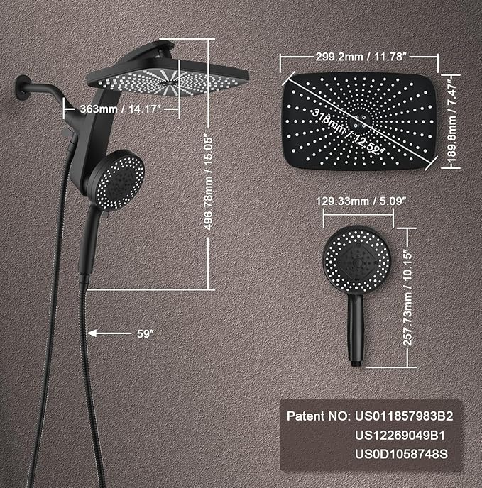 BOZYBO Rain Shower Head with Handheld: High Pressure Shower Heads with Handheld Spray Combo, 12" Rainfall Shower Head and 9 Sprays Hand Showerheads with Magnetic Docking and Power Jets, Black 1.75GPM