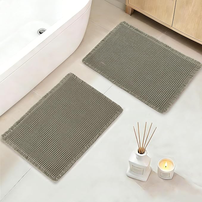 DWCN Olive Green Waffle Bathroom Mat Set, Super Absorbent Non Slip Bath Rug Set for Bathroom Floor, Shower Mats 2 Piece for Tub, Washable Kitchen Rugs for Farmhouse Boho Home Decor, 20 x 32 Inch