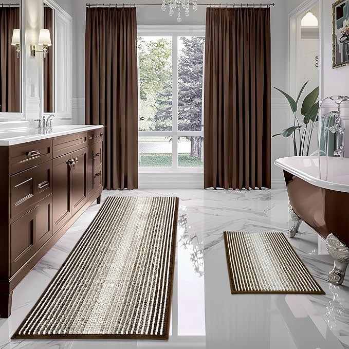 BSICPRO Bathroom Rugs and Mats Sets, 2 Piece Thick Absorbent Chenille Bath Mat Rug Set Non Slip, Soft Shaggy Bath Room Floor Mats for Bathroom, Machine Washable (Brown, 20" x 60" Plus 20" x 32")