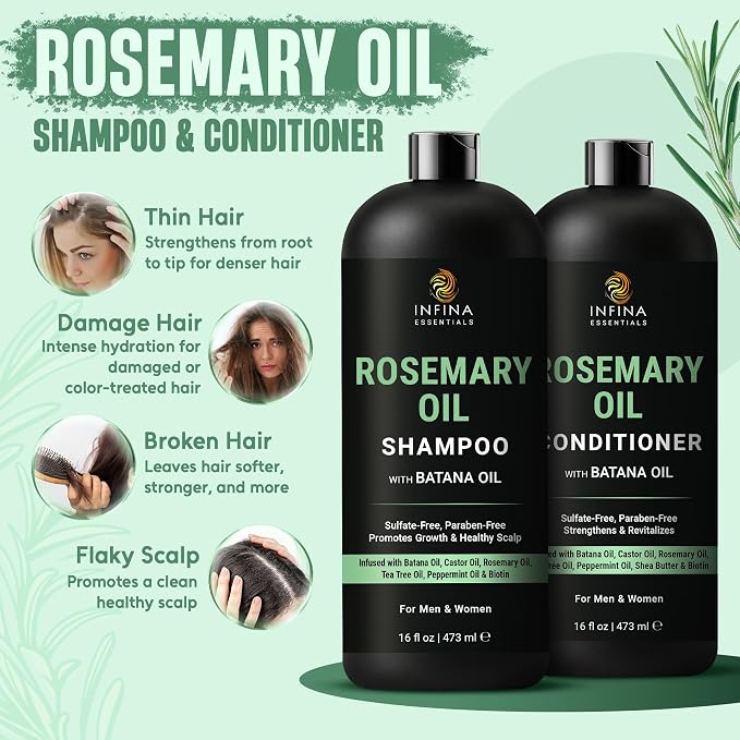 Rosemary Shampoo and Conditioner Set for Hair Growth with Batana Oil, 16 oz | Sulfate-Free with Castor Oil, Biotin, Peppermint Oil for Hair Growth and Thickness, Men and Women, by INFINA ESSENTIALS