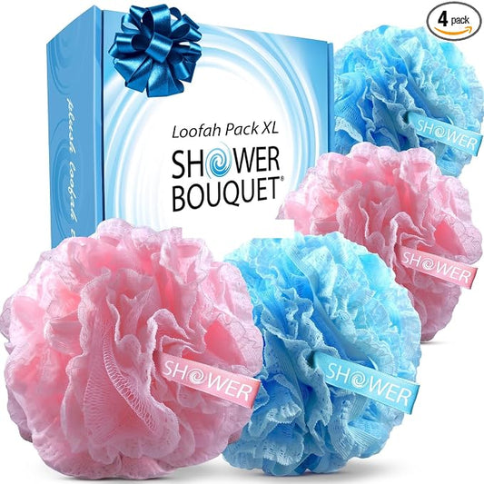 SHOWER BOUQUET Blue+Pink-Loofah-Bath-Sponge Lace-Mesh-Set // 2-Scrubs-in-1 // Large 60g Pouf 4-Pack Body Luffa Loofa Loufa Puff - Exfoliate, Cleanse Skin with Luxurious Bathing Accessories