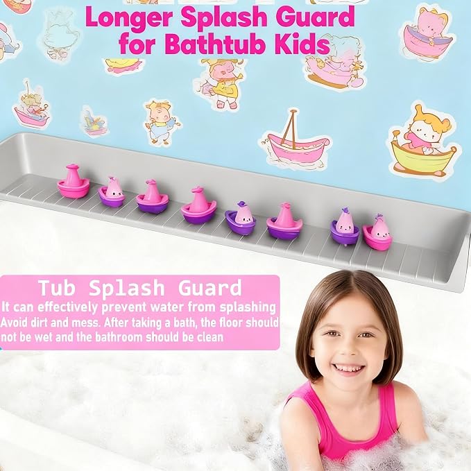Longer Bath Tub Splash Guard for Kids,Silicone Bath Toy Holder for Bathtub,Prevent Water Spills in Bathroom,Fun-Filled Bath Time for Toddlers Including Bath Brush and Toy Storage Bag (Grey)