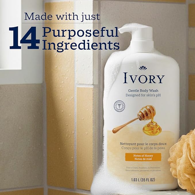 Ivory Body Wash, Designed for the Whole Family, Gentle Formula, Free of Dyes Heavy Perfumes Parabens Phthalates & Silicones, for Sensitive Skin, Designed for Skin's pH, Honey Scent, 35 oz