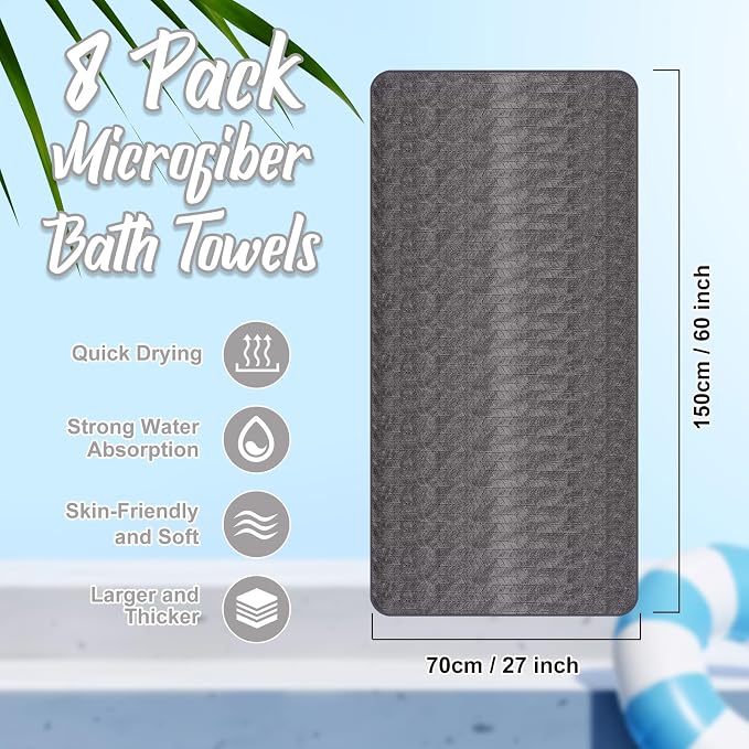 SmoothNovelty 8 Pack Microfiber Bath Towels Bulk 27'' x 60'' Oversized Bath Towel Highly Absorbent Extra Large Shower Sheets Soft Drying for Beach Pool Bathroom Salon Party (Grey)