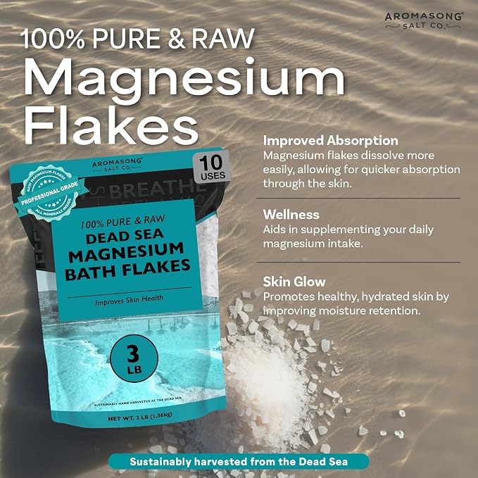Aromasong Dead Sea Magnesium Flakes for Bath - More Than 16,325 Mg Magnesium Chloride per Bath - Superior Alternative to Epsom Salt - Used as Muscle & Foot Soak - 3 Lb Bag