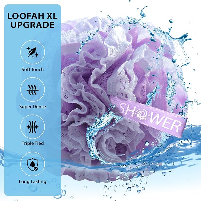 Loofah-Bath-Sponge Lace-Mesh-Set // 2-Scrubs-in-1 by Shower Bouquet/Large Full 60g Pouf (4 Pack Spa Colors) Body Luffa Loofa Loufa Puff - Exfoliate, Cleanse Skin with Luxurious Bathing Accessories